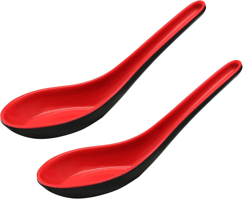 2PCS Asian Soup Spoons  Chinese Japanese Miso Ramen Wonton Dumpling Pho Rice Noodle Soba Soup Spoons  Red and Black Melamine Spoons