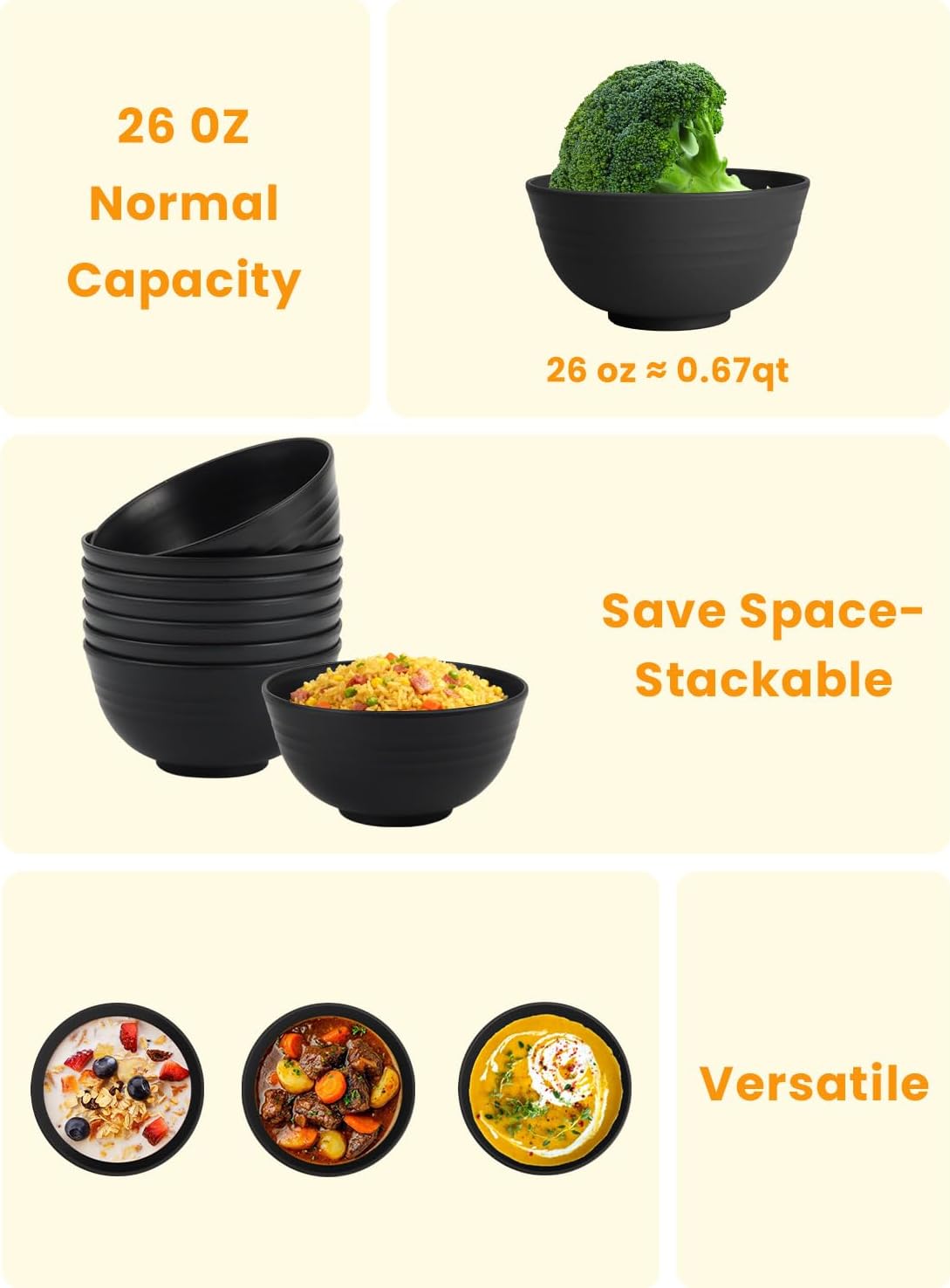 Homienly Cereal Bowl Set  Wheat Straw Bowls for Kitchen  Unbreakable Lightweight Bowl Set of 8  Microwave and Dishwasher Safe Bowls  Reusable Bowl for Serving  Cereal  Snack Fruit(Black  26 OZ)