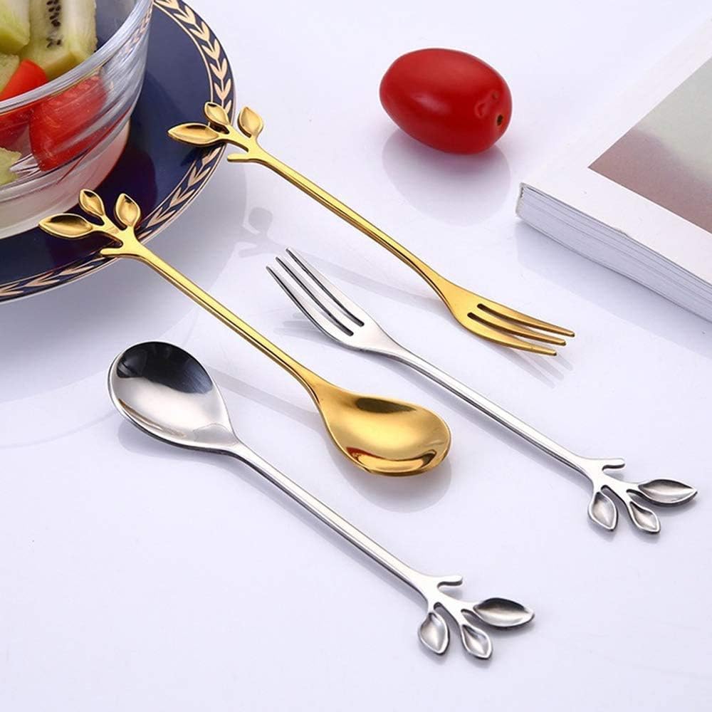 AnSaw 10-Pc Silver Mini Spoons & Forks Set  4.7" - Stainless Steel  Leaf Handle  Ideal for Coffee Tea  Appetizers  Tastings  Parties  Charcuterie & Cocktails