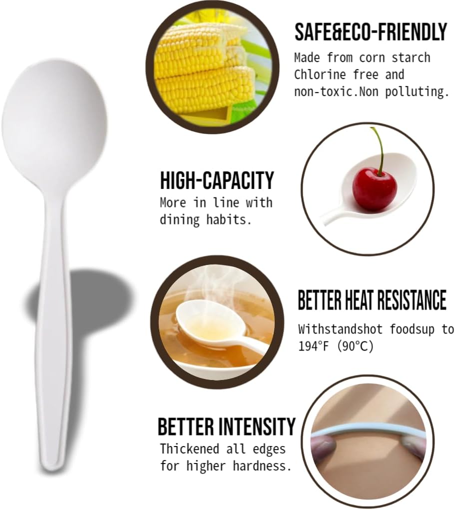 Eco-Friendly 6" Disposable Soup Spoons - 100 Pack Heavy Duty Plant-Based Cutlery  Extra-Length Cornstarch Spoons for Hot Soup  Ice Cream  Chili Para Pozole Parties (Ivory)