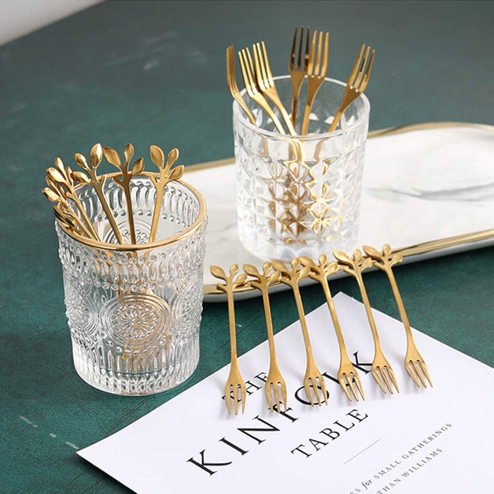 AnSaw 10-Piece Gold Mini Leaf Dessert Forks Set - 4.7" Elegant Stainless Steel Fruit  Appetizer  Cake & Salad Forks - Perfect for Cocktail Parties & Home Use