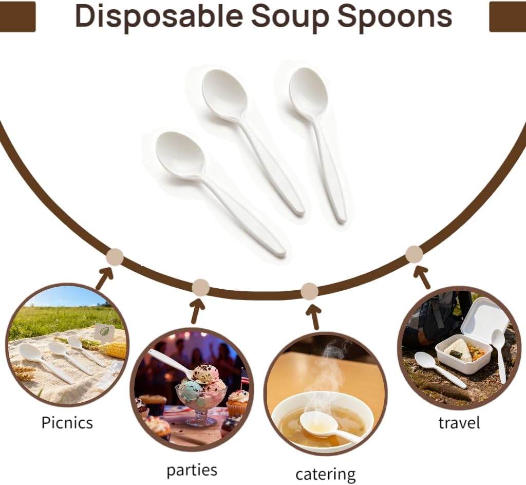Eco-Friendly 6" Disposable Soup Spoons - 100 Pack Heavy Duty Plant-Based Cutlery  Extra-Length Cornstarch Spoons for Hot Soup  Ice Cream  Chili Para Pozole Parties (Ivory)