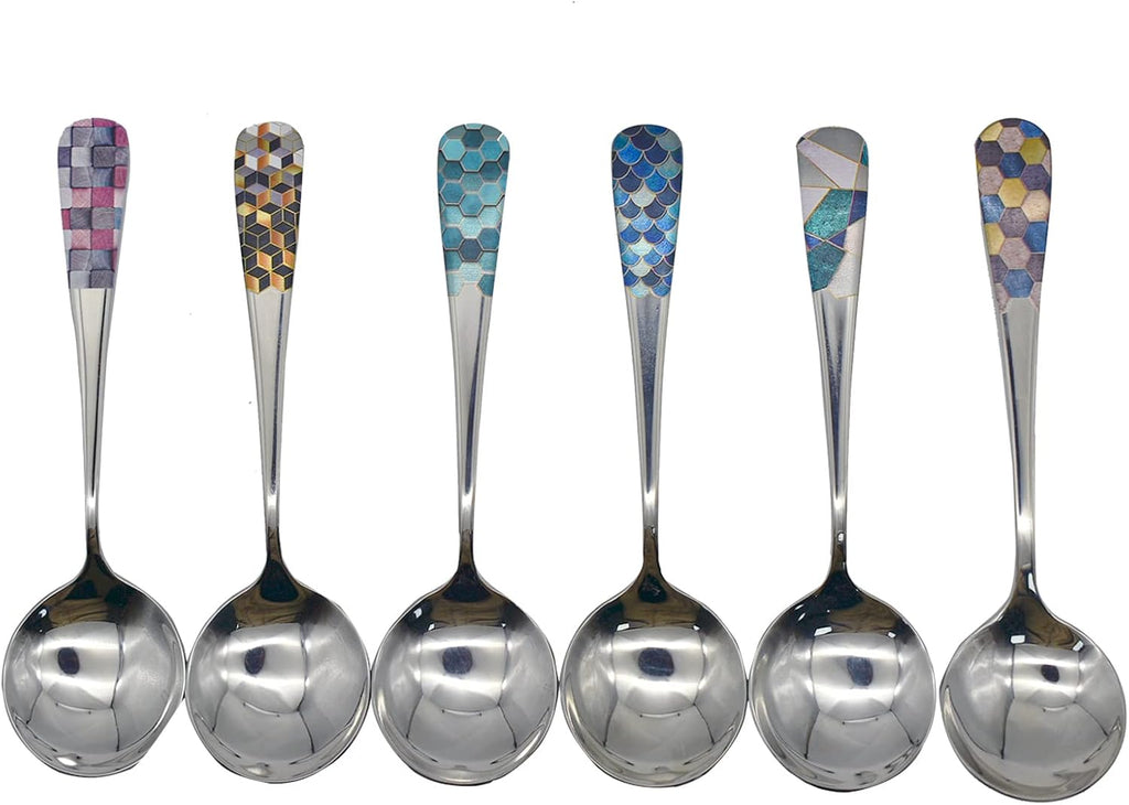 6pcs Round Head Soup Spoons with Fashion Printing Pattern 6.22inch Tablespoon 18/10(304) Stainless Steel Korean Spoons for Rice Dessert Tea Coffee Bouillon