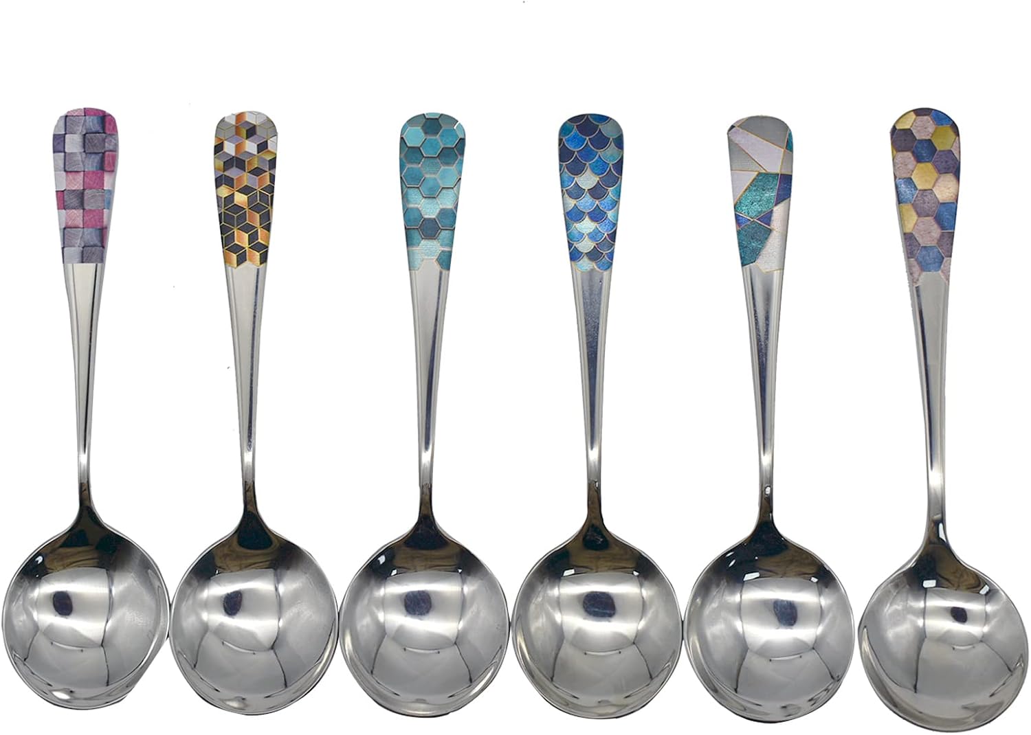 6pcs Round Head Soup Spoons with Fashion Printing Pattern 6.22inch Tablespoon 18/10(304) Stainless Steel Korean Spoons for Rice Dessert Tea Coffee Bouillon