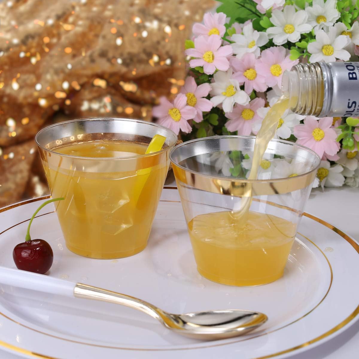 I00000 200 Pack Gold Plastic Cups  9 Oz Elegant Clear Plastic Cups Gold Rimmed Disposable Wine Glasses Fancy Disposable Party Cup Wedding Cup Drinking Tumblers Cocktail Glasses Perfect for Party