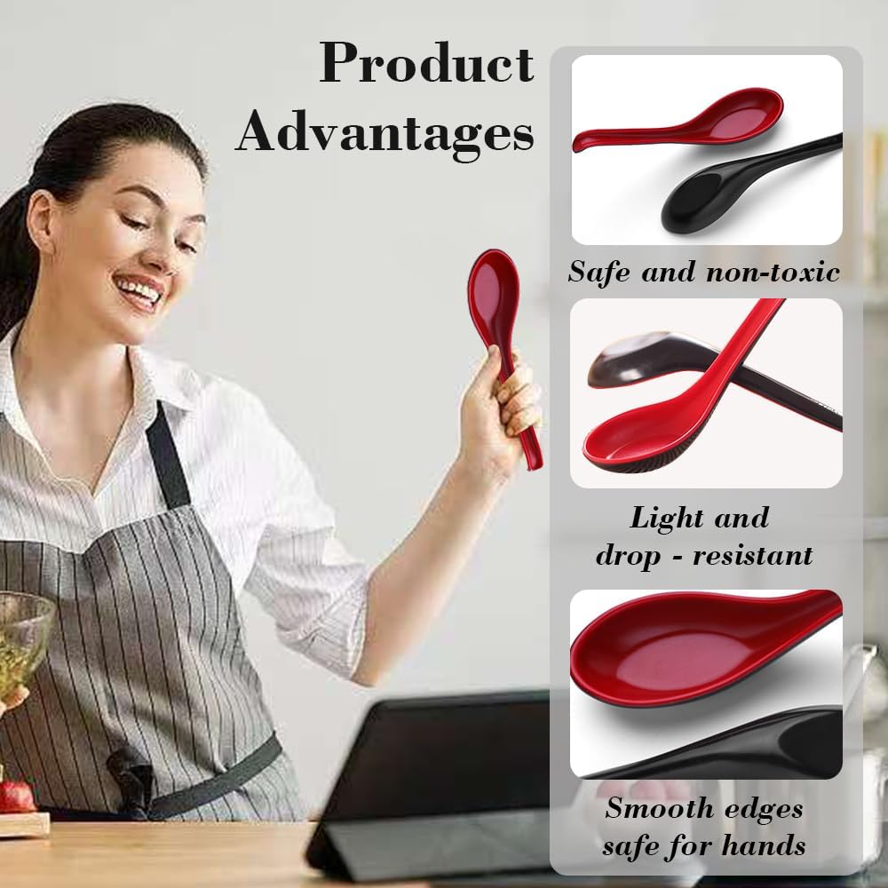 6Pcs Asian Soup Spoons Wiht HookRed and Black Chinses Soup Spoon  Perfect for Buckwheat Noodles  Rice  Rice Noodles  Lamian Noodles  Wonton(Long Handle)
