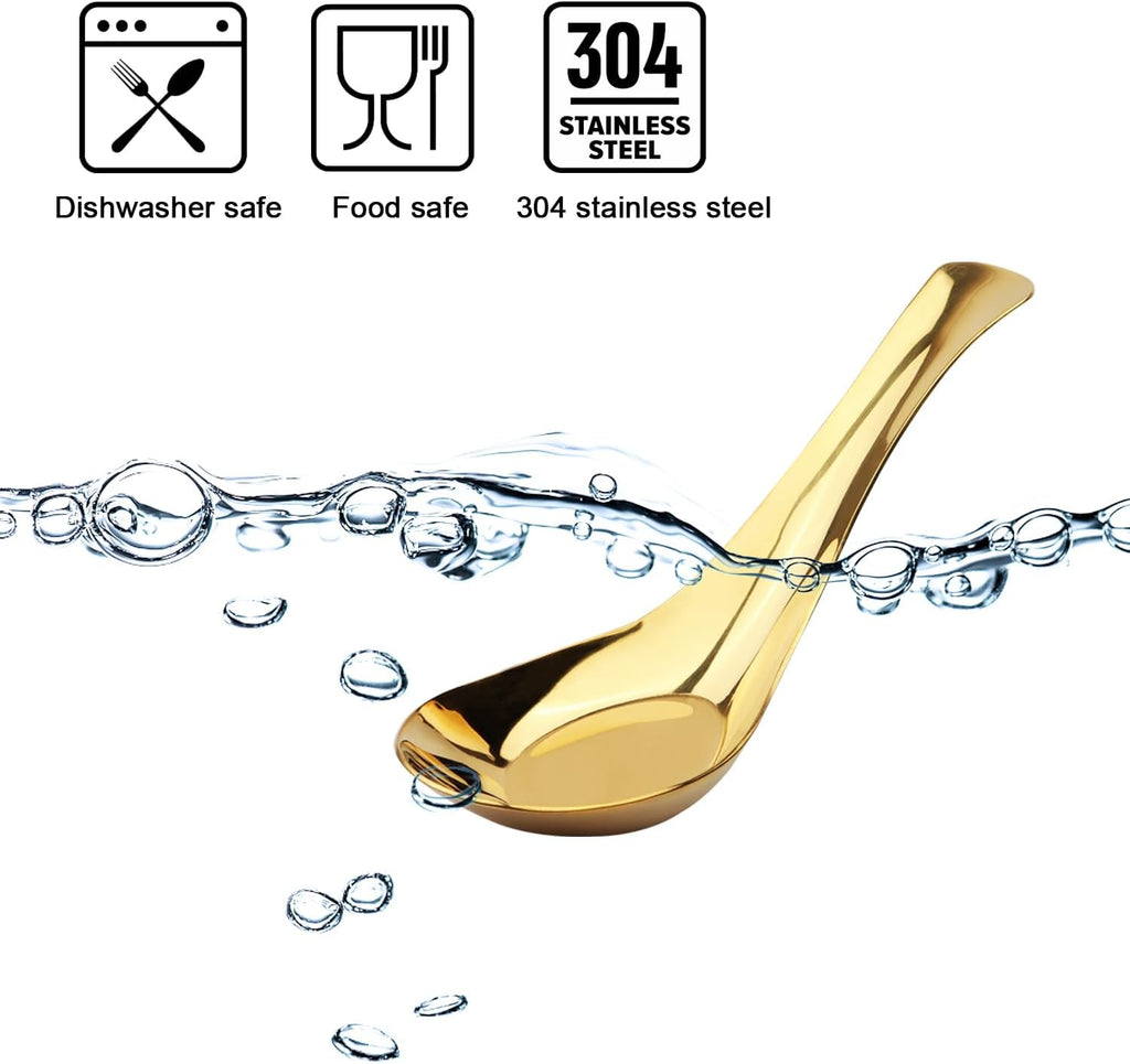 Asian Stainless Steel Chinese Soup Spoons Set of 6 for Ramen Pho Wonton Dumpling Noodles (gold)