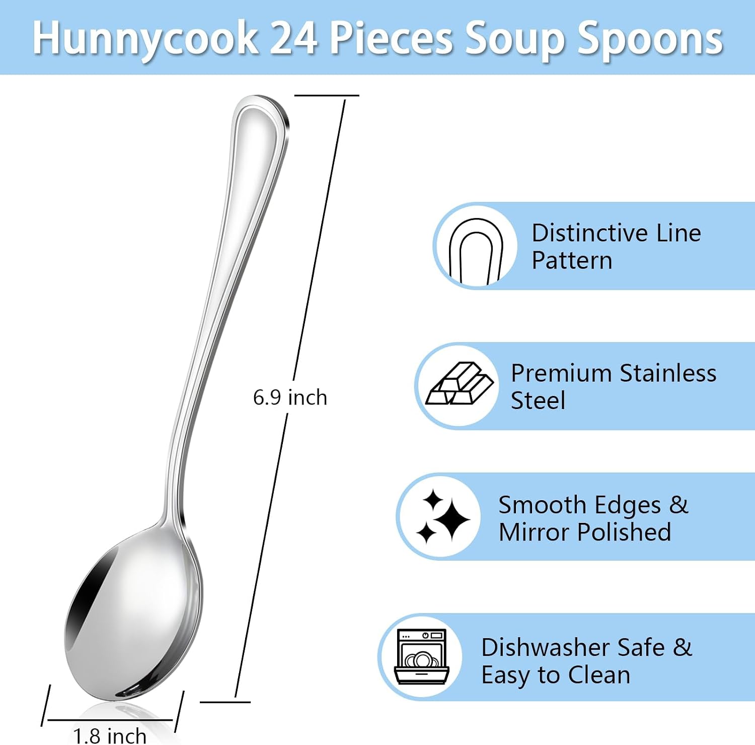 Soup Spoons - 24 PCS Round Spoon  6.9 Inch Stainless Steel Korean Spoons for Soup  Cereal  Dessert  Dishwasher Safe & Line Pattern