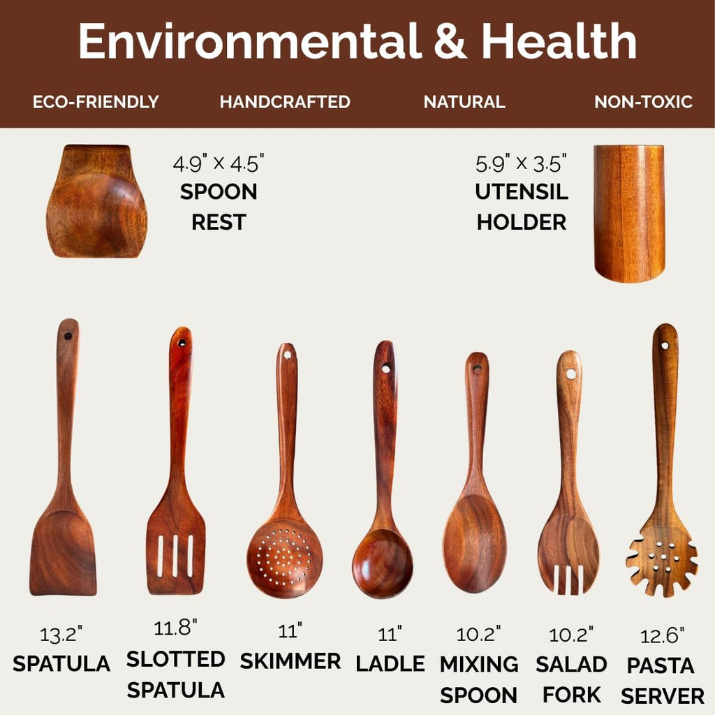 Wooden Utensil Set 9 PCS Hand-Crafted  Heat-Resistant  Non-Scratch & Easy-to-Clean Natural Teak Wooden Kitchen Tools with Spatula  Slotted Spatula  Spoons  Ladle  Pasta Server  Salad Fork  Holder Set