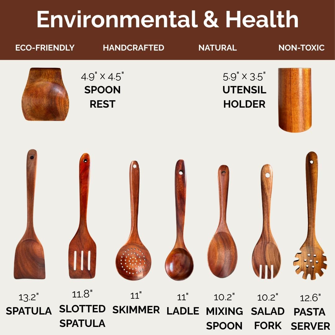Wooden Utensil Set 9 PCS Hand-Crafted  Heat-Resistant  Non-Scratch & Easy-to-Clean Natural Teak Wooden Kitchen Tools with Spatula  Slotted Spatula  Spoons  Ladle  Pasta Server  Salad Fork  Holder Set