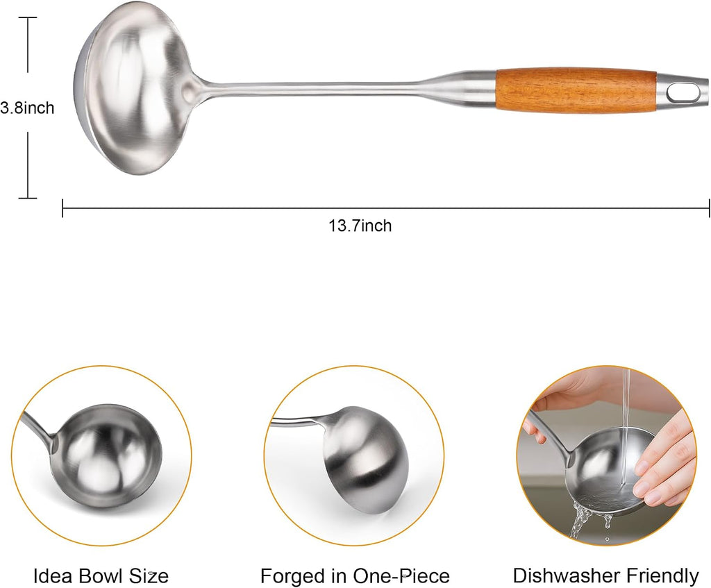 FJNATINH Soup Ladle  Stainless Steel Ladle with Heat Resistant Wooden Handle  Food Grade Metal Cooking Soup Spoon Kitchen Tools  Easy to Clean
