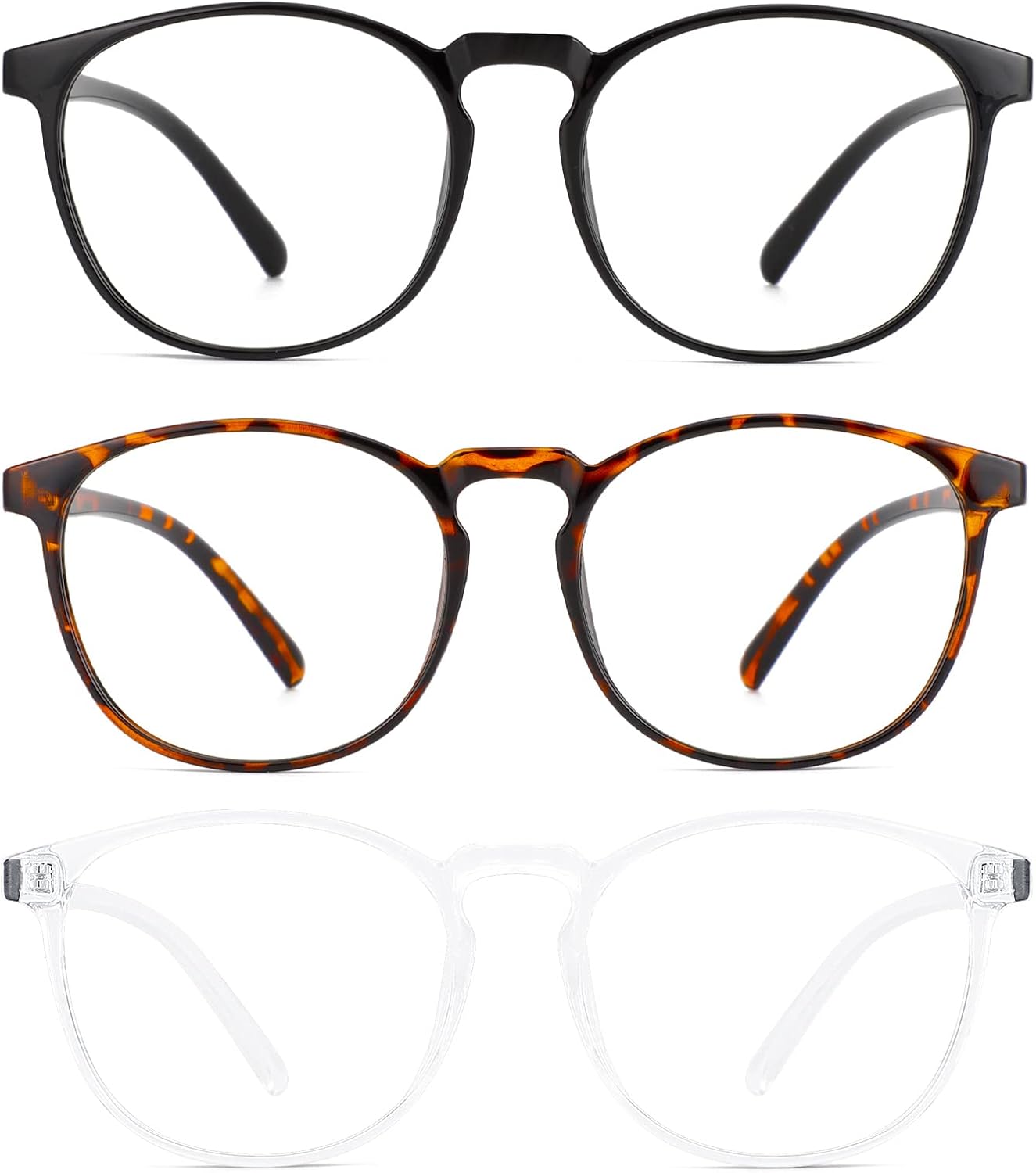 Przene 3 Pack Blue Light Blocking Glasses Women/Men Retro Round Computer Glasses Anti Eye Strain/UV/Glare  Gaming Glasses. (Black/Crystal/Amber)