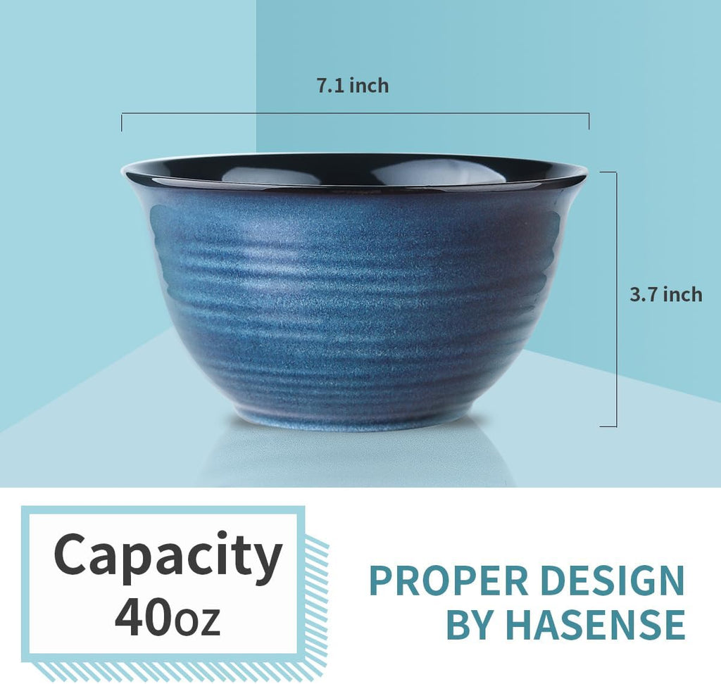 Hasense Ceramic Soup Bowls Set of 4  40 Ounce Large Cereal Bowls for Kitchen  7 Inch Serving Bowls for Salad Pasta Ramen Pho Popcorn  Dishwasher Microwave Safe  Navy Blue