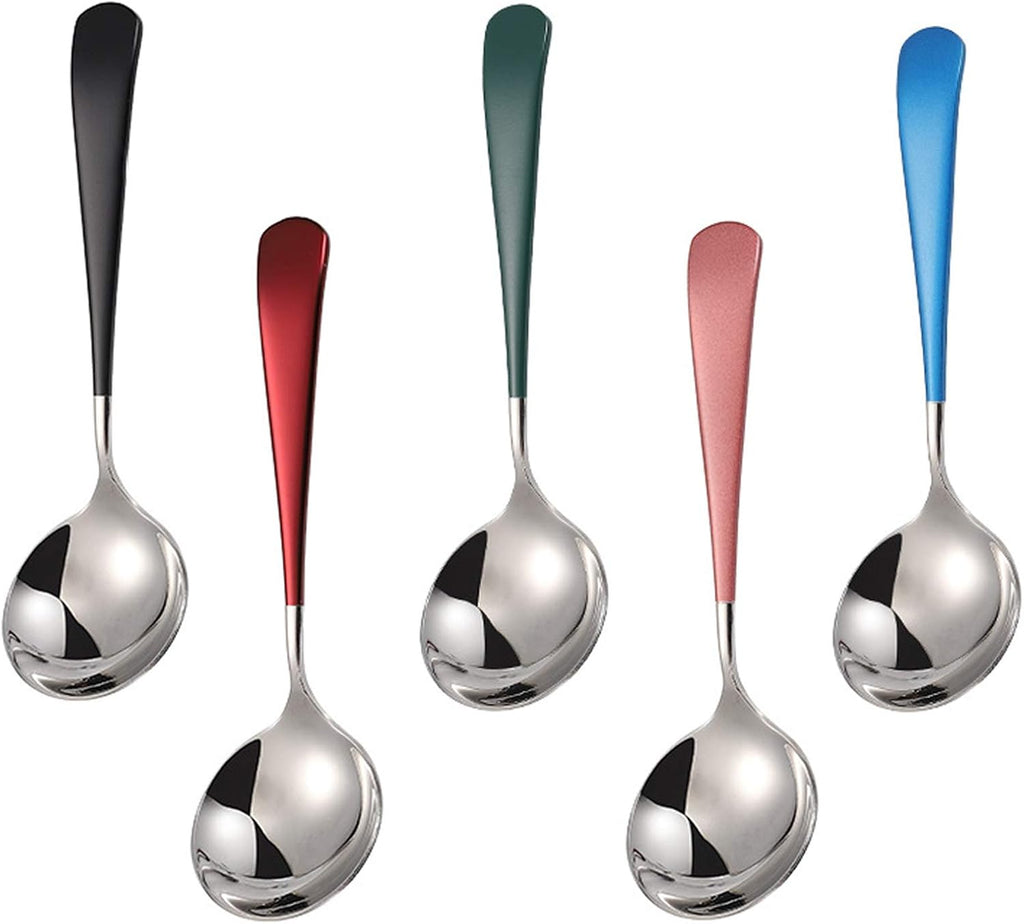 Soup Spoons Stainless Steel  18/10 Round Head Soup Spoons  Modern Thick Short handle 304 Stainless Steel Korean Spoon  Dinner Metal Spoons for Soup  Grain Dessert Milk Tea Coffee  6.3 Inch  Set of 5