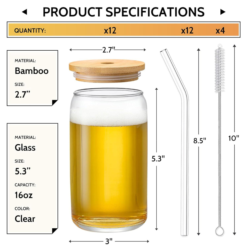 [ 12pcs Set ] Glass Cups with Bamboo Lids and Glass Straw - Beer Shaped Drinking Glasses  16 oz Iced Coffee Glasses  Cute Tumbler Cup for Smoothie  Boba Tea  Whiskey  Water - 4 Cleaning Brushes