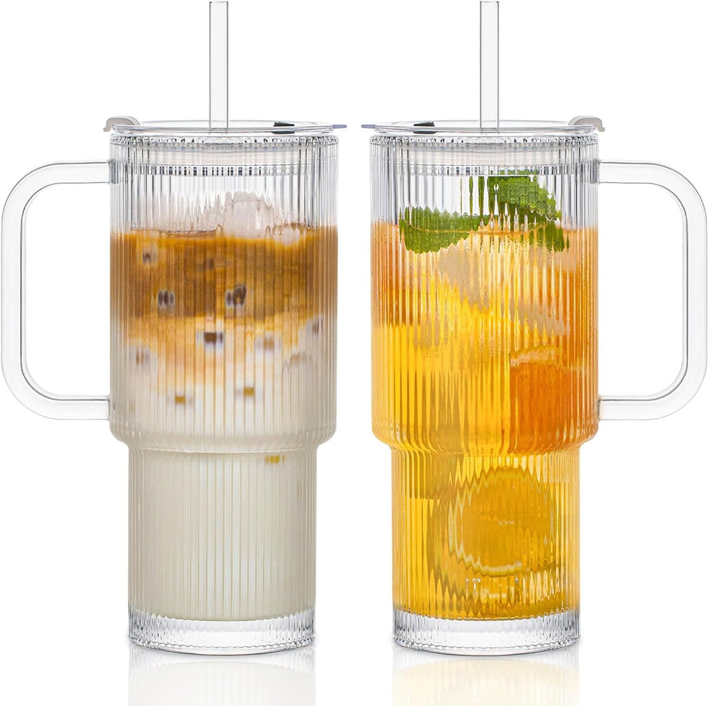 INSETLAN 26oz Ribbed Glass Tumbler with Handle & Lid – 2-Pack Large Iced Coffee Cups with Straws  Modern Glass Mug for Cold & Hot Beverages  Aesthetic Travel Cup for Smoothies  Tea  and Juice