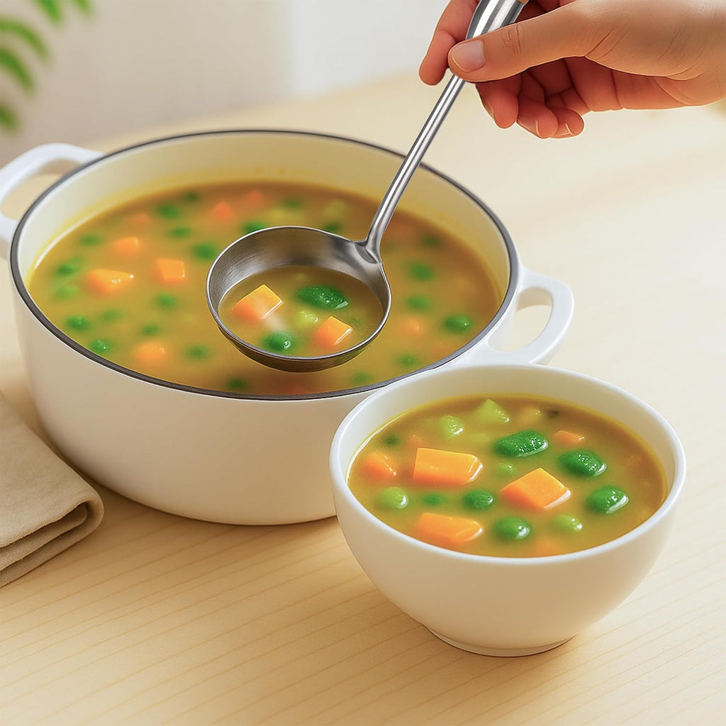 FJNATINH Soup Ladle  Stainless Steel Ladle with Heat Resistant Wooden Handle  Food Grade Metal Cooking Soup Spoon Kitchen Tools  Easy to Clean