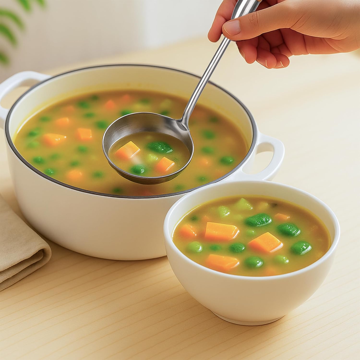 FJNATINH Soup Ladle  Stainless Steel Ladle with Heat Resistant Wooden Handle  Food Grade Metal Cooking Soup Spoon Kitchen Tools  Easy to Clean