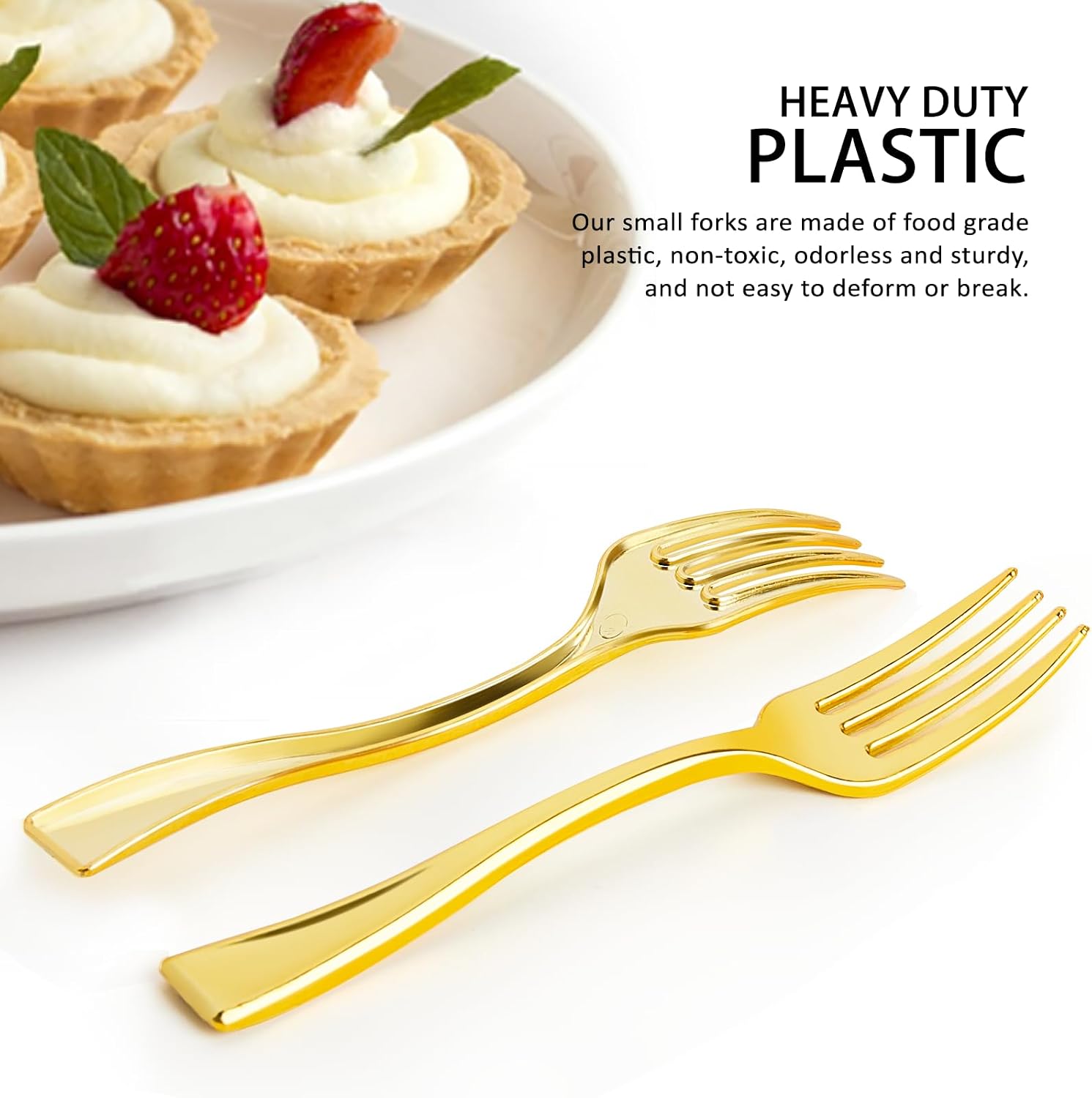 Qeirudu 4 Inch Gold Plastic Mini Forks  100 Pack Disposable Appetizer Forks Heavy Duty Tiny Forks for Party Small Desserts  Charcuterie  Samples  Cocktails and Strawberries