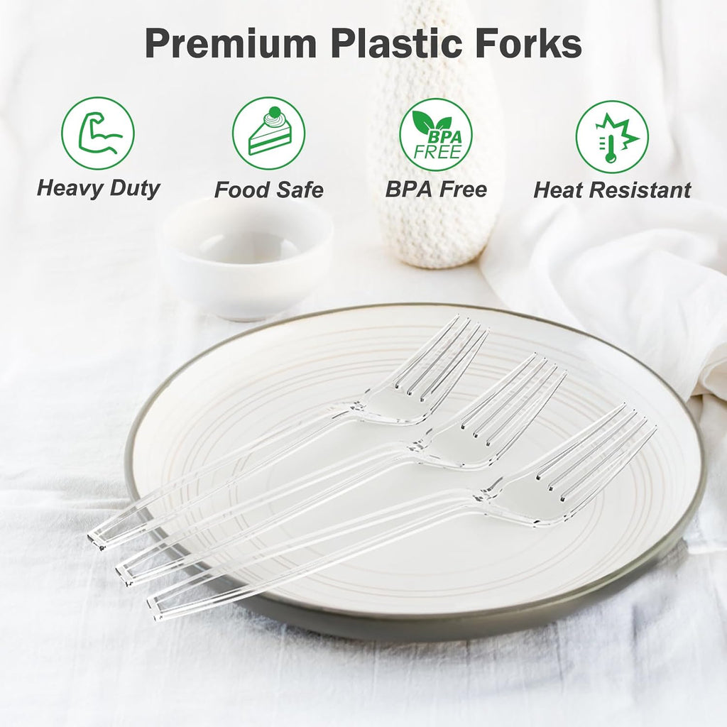 300 Count Extra Heavy Duty Clear Plastic Forks Disposable  BPA-Free  Heat Resistant  Solid and Durable Disposable Forks Bulk  Premium Plastic Forks heavy duty for Party Supply