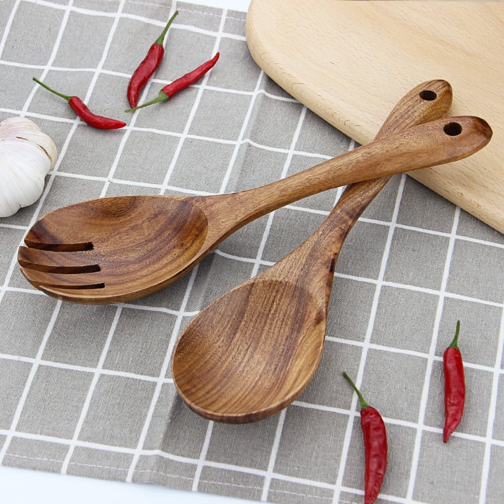 Wooden Salad Servers  10.2" Acacia Wood Salad Fork & Spoon for Serving  Olive Wood Salad Serving Utensils Set of 2  Teak Salad Tongs for Kitchen