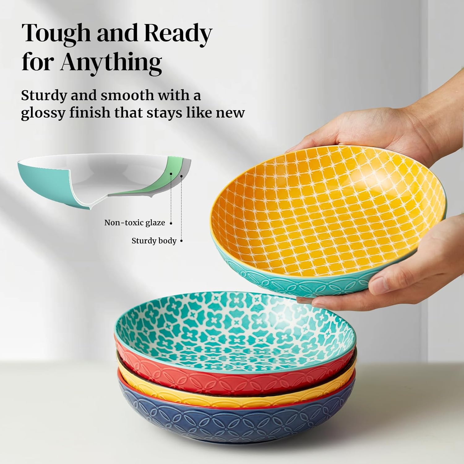 DOWAN 8.5" Vibrant Pasta  Salad & Soup Serving Bowls Set of 4  Embossed Large Porcelain Ceramic  Microwave  Oven & Dishwasher Safe  Bonita Design Perfect for Daily Dining  Family Gatherings  Party