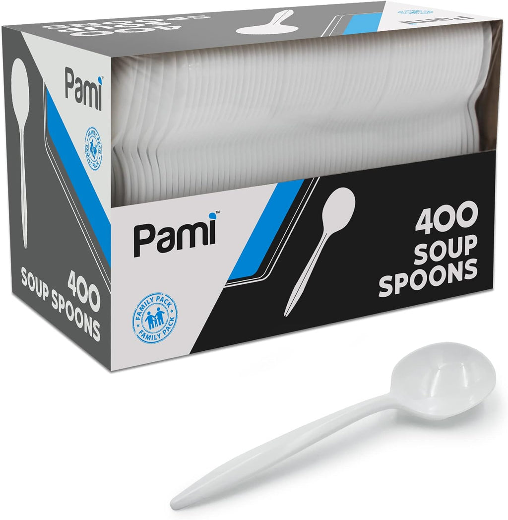 PAMI 400-Pack Medium-Weight Disposable Bulk Plastic Teaspoons for Parties  Weddings  Catering  Takeout & More (Soup Spoons White)