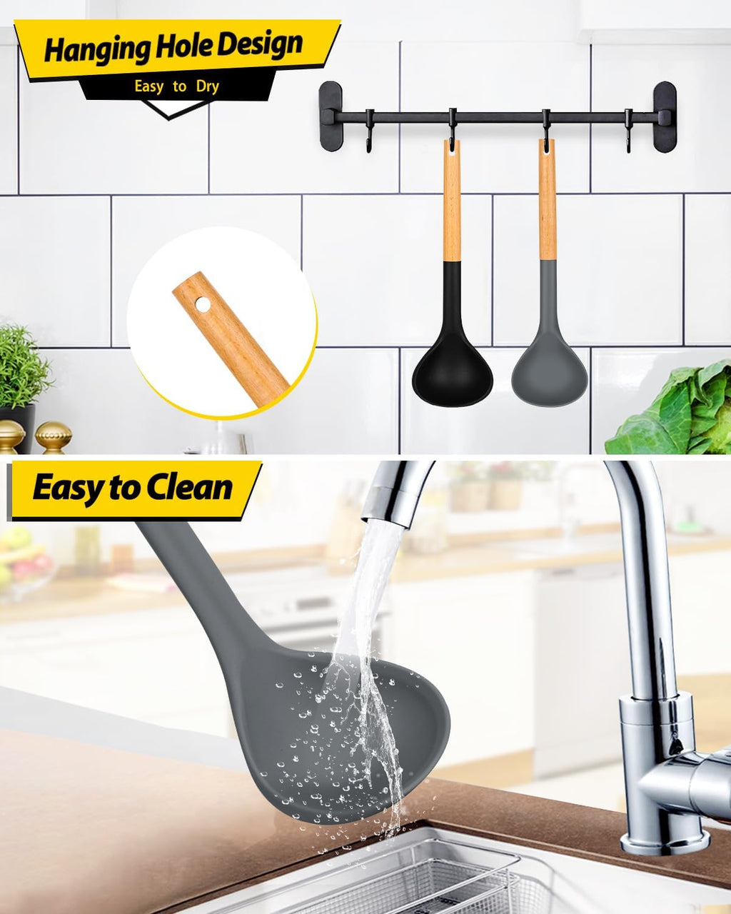 Pack of 2 Soup Ladle  Silicone Ladle Spoon with Wooden Handle  Large Non Stick High Heat Resistant Kitchen Utensils for Cooking  Stirring  Serving Soups(BLACK-GRAY)