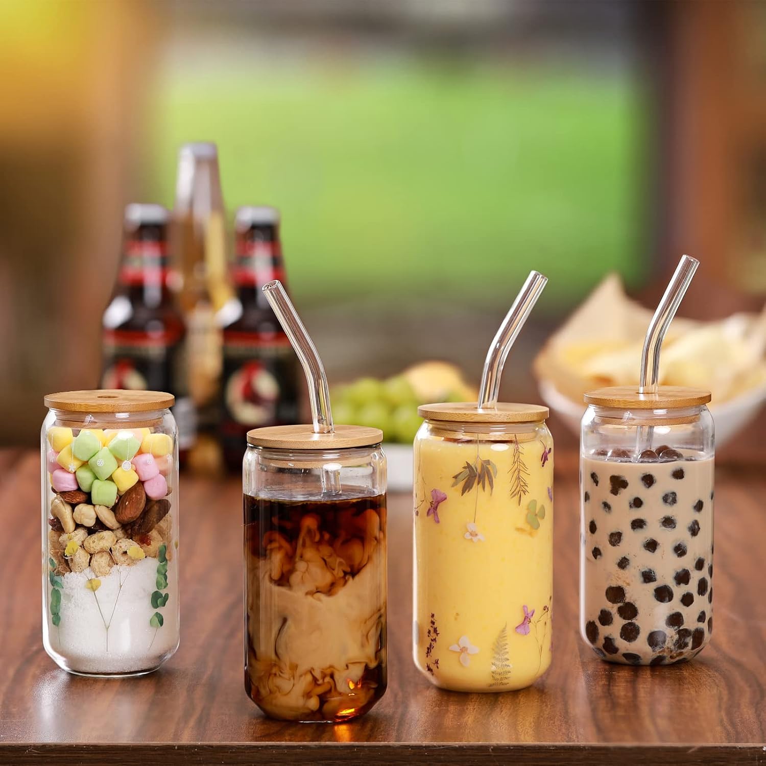 Drinking Glasses with Bamboo Lids and Glass Straw 4pcs Set - 16oz Glass Cups  Iced Coffee Glasses  Cute iced Tea Glasses  Beer Glasses  Ideal for Coffee Bar Accessories  Aesthetic Gift - 2 Brushes