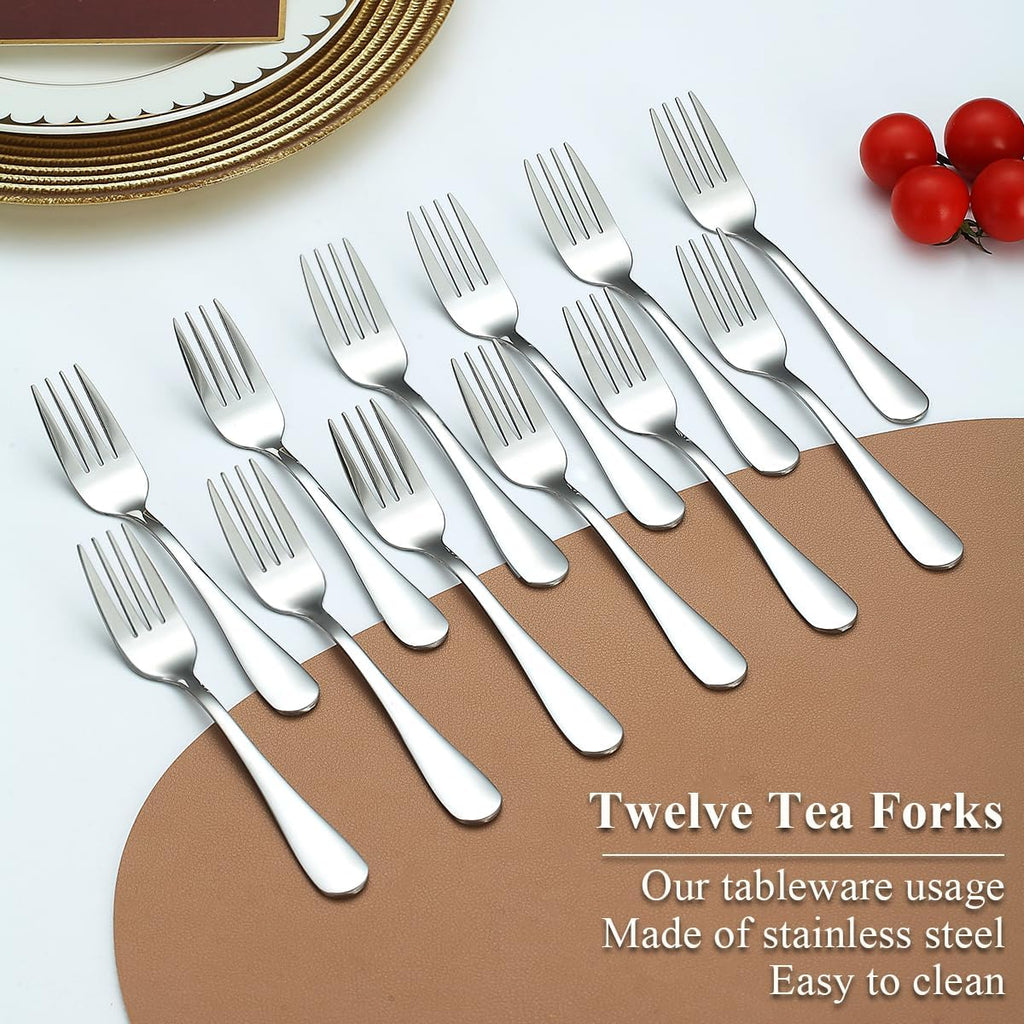 Evanda Dessert Forks Set of 12 Pack  5.62" Stainless Steel Pastry Fork  Appetizer Fork for Fruit  Cake  Cheese  Party Trips  Cafes  Restaurants  Easy To Clean  Dishwasher Safe