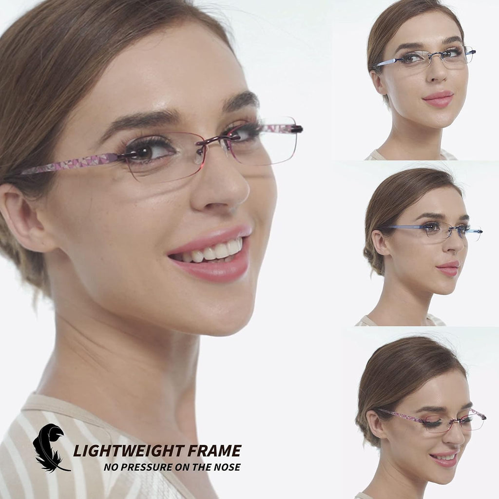 JJWELL 3 Pack Blue Light Blocking Reading Glasses for Women  Anti Eyestrain/Computer Glare UV 400 Filter Readers with Spring Hinge  Lightweight Rimless Tinted Metal Blue Rays Eyeglasses (2.75)