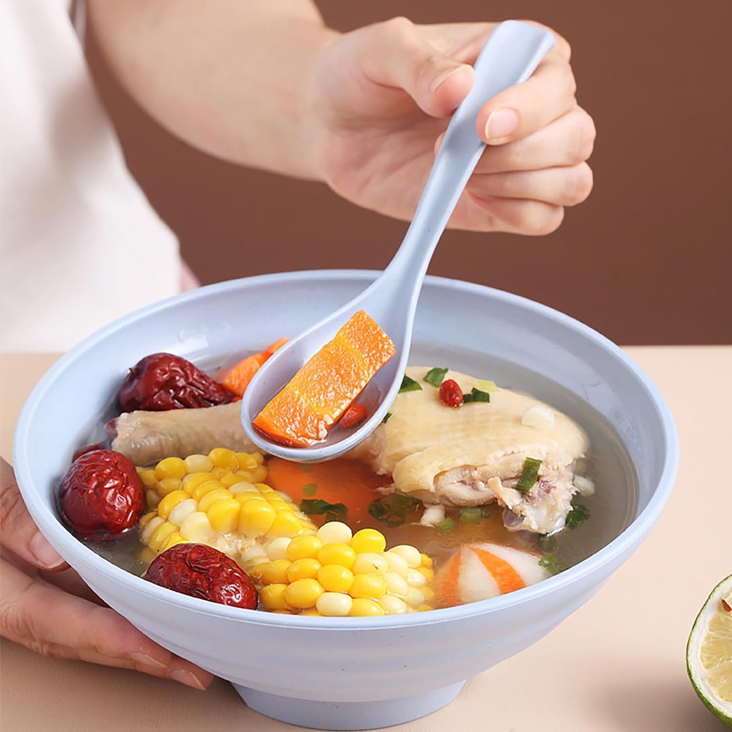 Hiceeden Set of 24 Reusable Plastic Asian Chinese Soup Spoons  Unbreakable Japanese Ramen Set  Long Dinner Spoons for Dumpling  Cereal  Dishwasher Safe  6 Colors