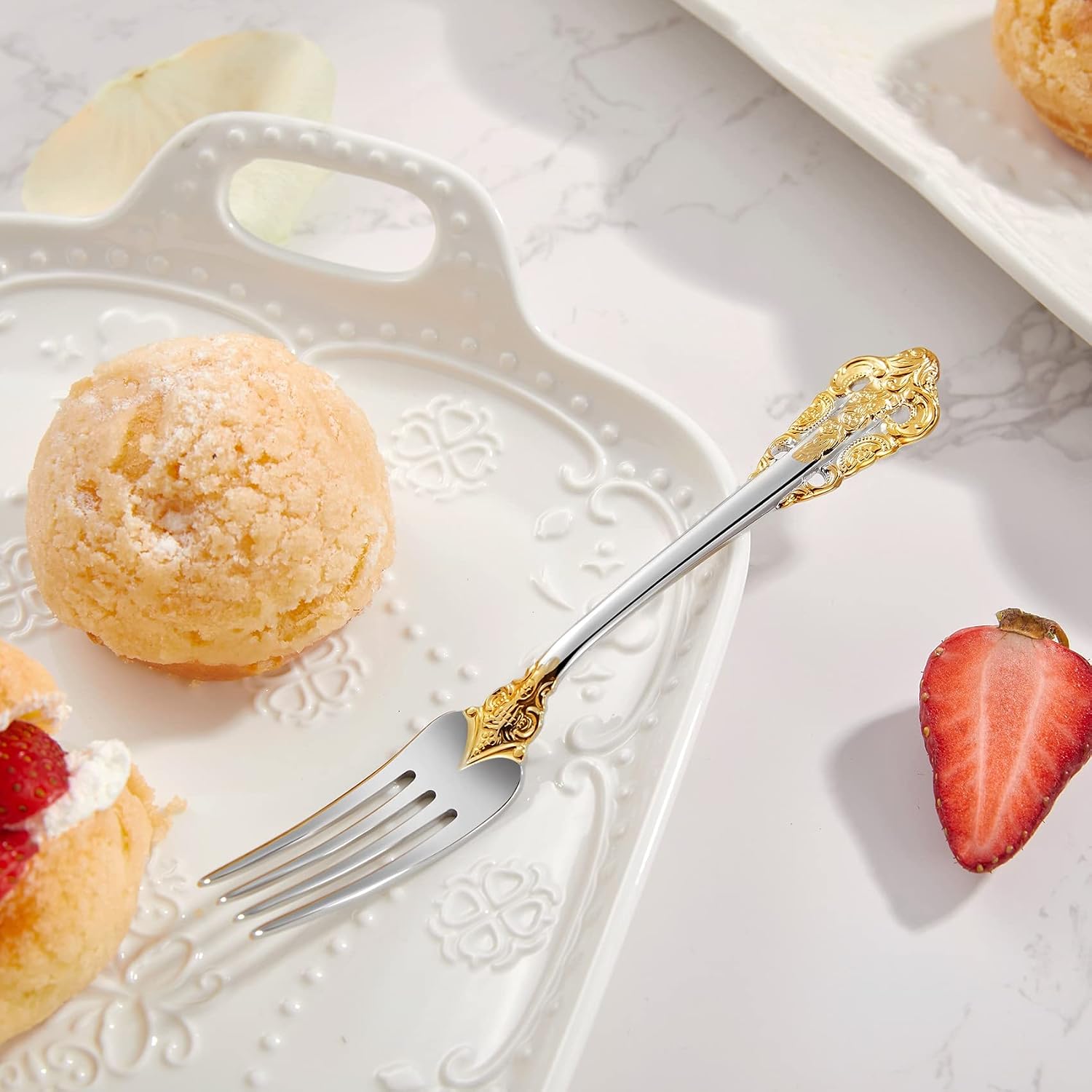 KEAWELL Luxury 5.9" Appetizer Forks  18/10 Stainless Steel  Set of 4  Gorgeous Cocktail Forks/Dessert Forks (Gold Accent)