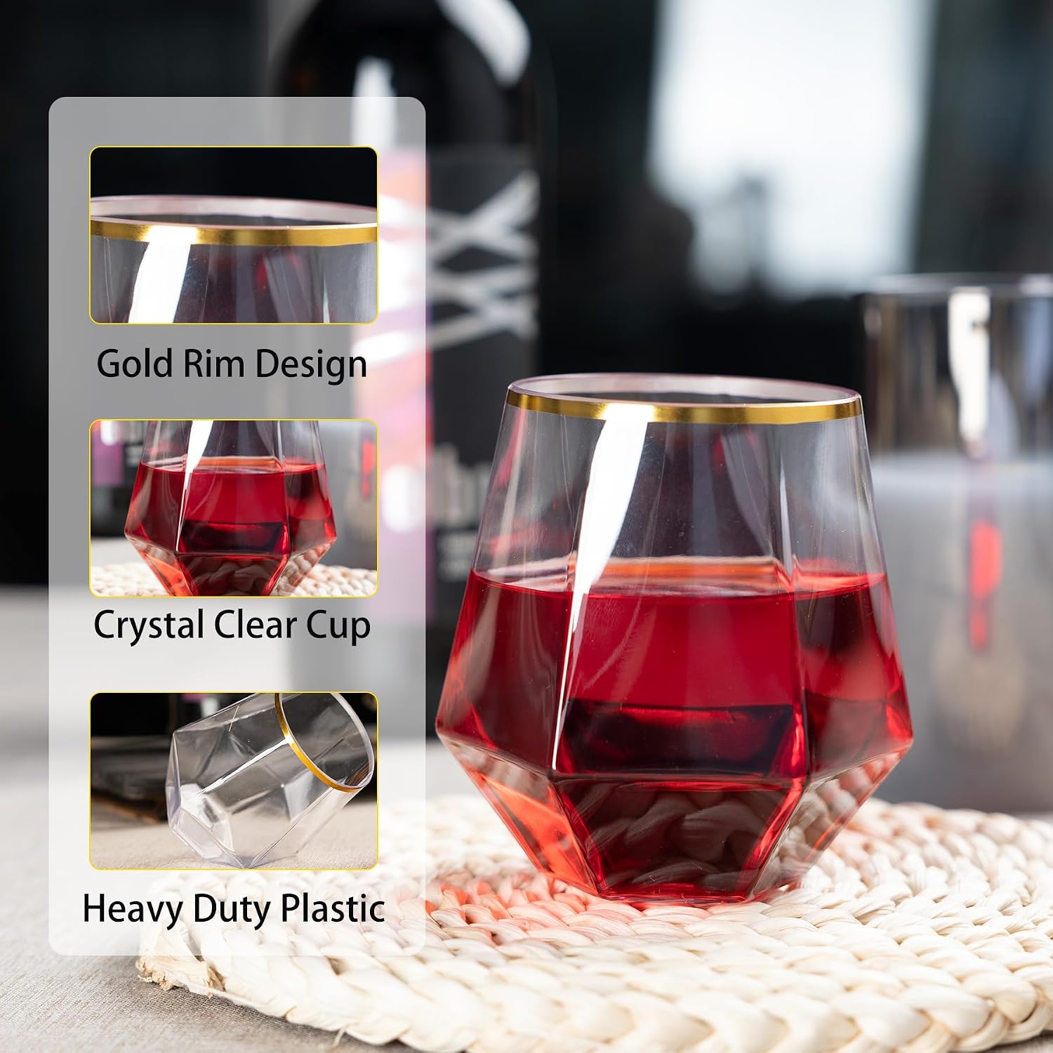 Lullaby 40pcs Plastic Wine Glasses with Gold Rim  12oz Clear Disposable Wine Cups for Champagne Whiskey Cocktail  Perfect for Parties  Weddings and Daily Use