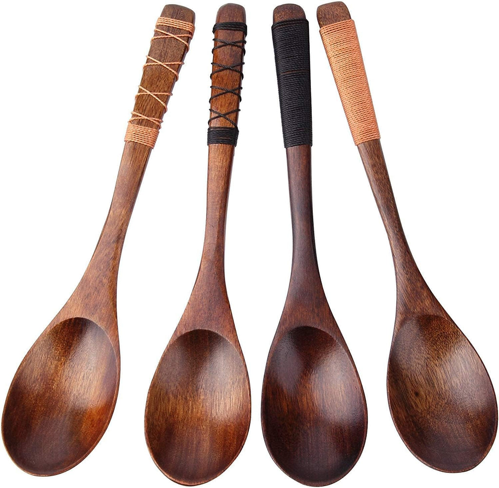 4pc-Handmade Japanese Style Wooden Soup Spoons with Tied Line on Handle