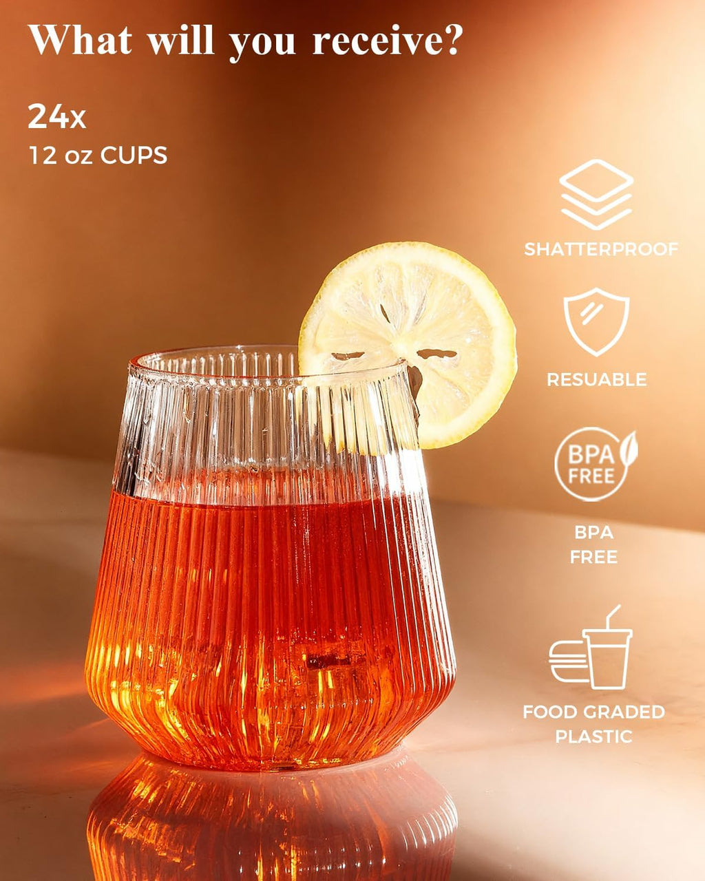 BESTSTAR 48 Pack Disposable Ribbed Origami Ripple Plastic Glasses Set - 24 9 OZ Stemless Champagne Flutes & 24 12OZ Cups  BPA-Free Shatterproof Clear Drinkware for Weddings  Parties & Events (Clear)