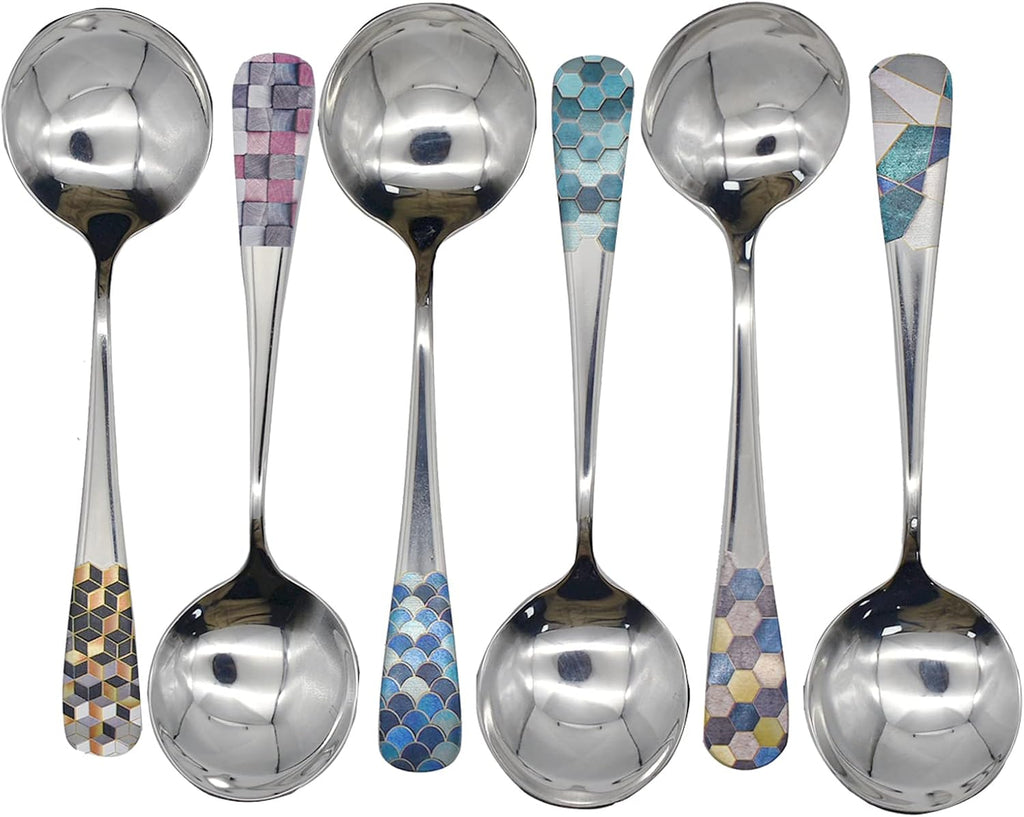 6pcs Round Head Soup Spoons with Fashion Printing Pattern 6.22inch Tablespoon 18/10(304) Stainless Steel Korean Spoons for Rice Dessert Tea Coffee Bouillon