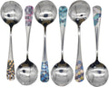 6pcs Round Head Soup Spoons with Fashion Printing Pattern 6.22inch Tablespoon 18/10(304) Stainless Steel Korean Spoons for Rice Dessert Tea Coffee Bouillon