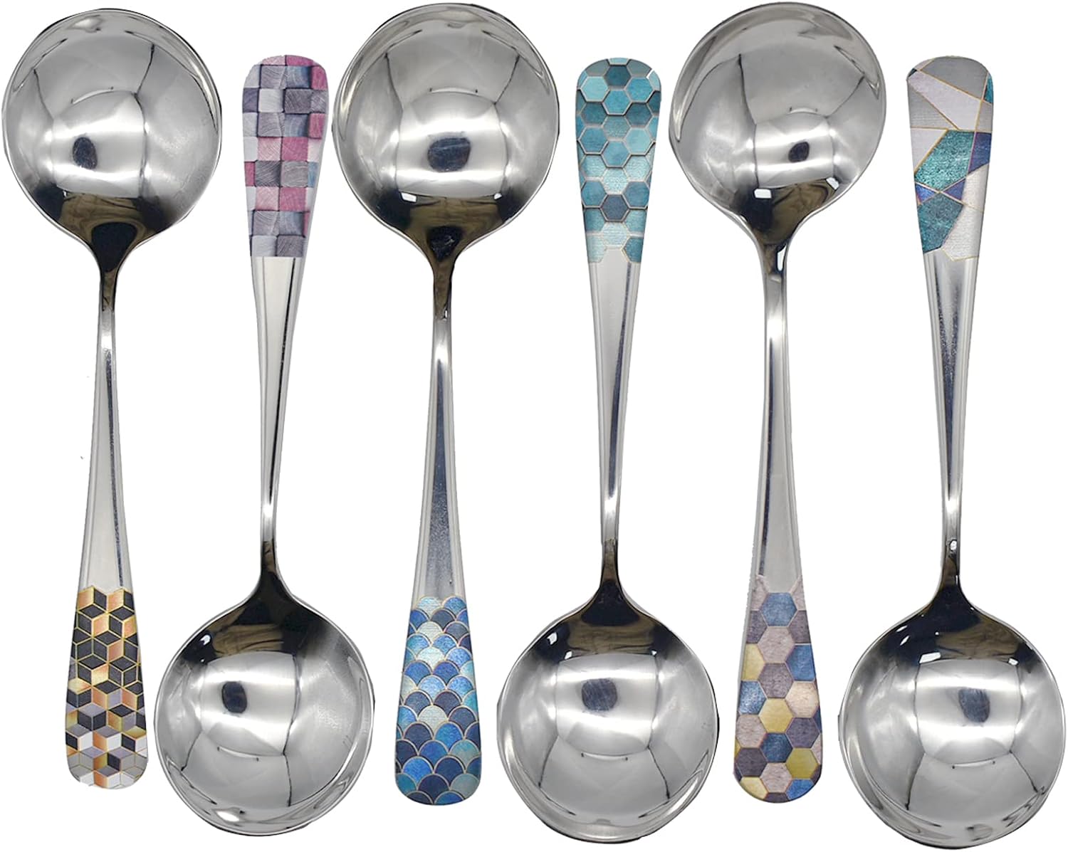 6pcs Round Head Soup Spoons with Fashion Printing Pattern 6.22inch Tablespoon 18/10(304) Stainless Steel Korean Spoons for Rice Dessert Tea Coffee Bouillon