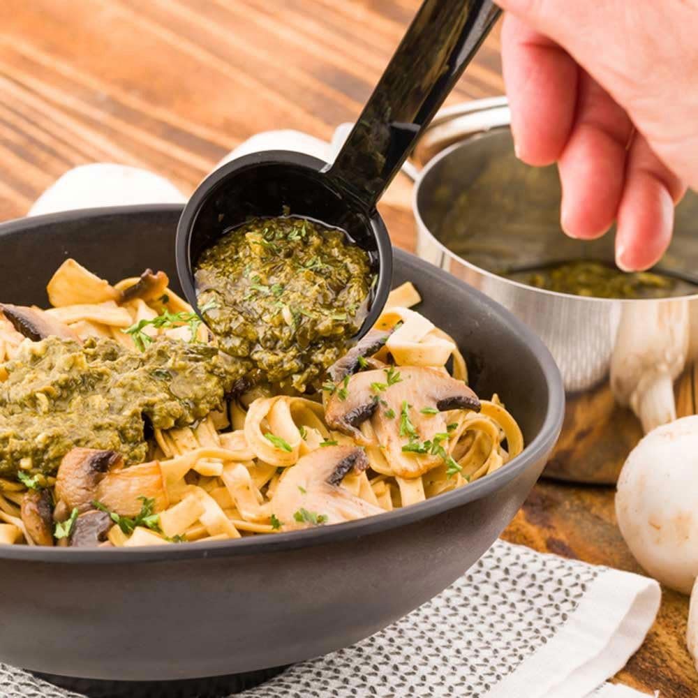 Restaurantware 1 Ounce Serving Ladle 1 Hook Handle Portion Ladle - Dishwasher-Safe Reusable Black Plastic Gravy Ladle For Stirring Pouring And Serving