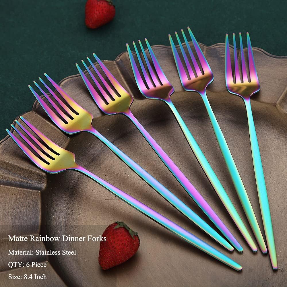 Matt Rainbow 6 Piece Stainless Steel 8.4'' Dinner Forks - Silverware Set  Dessert  Table  Salad Forks - Dishwasher Safe