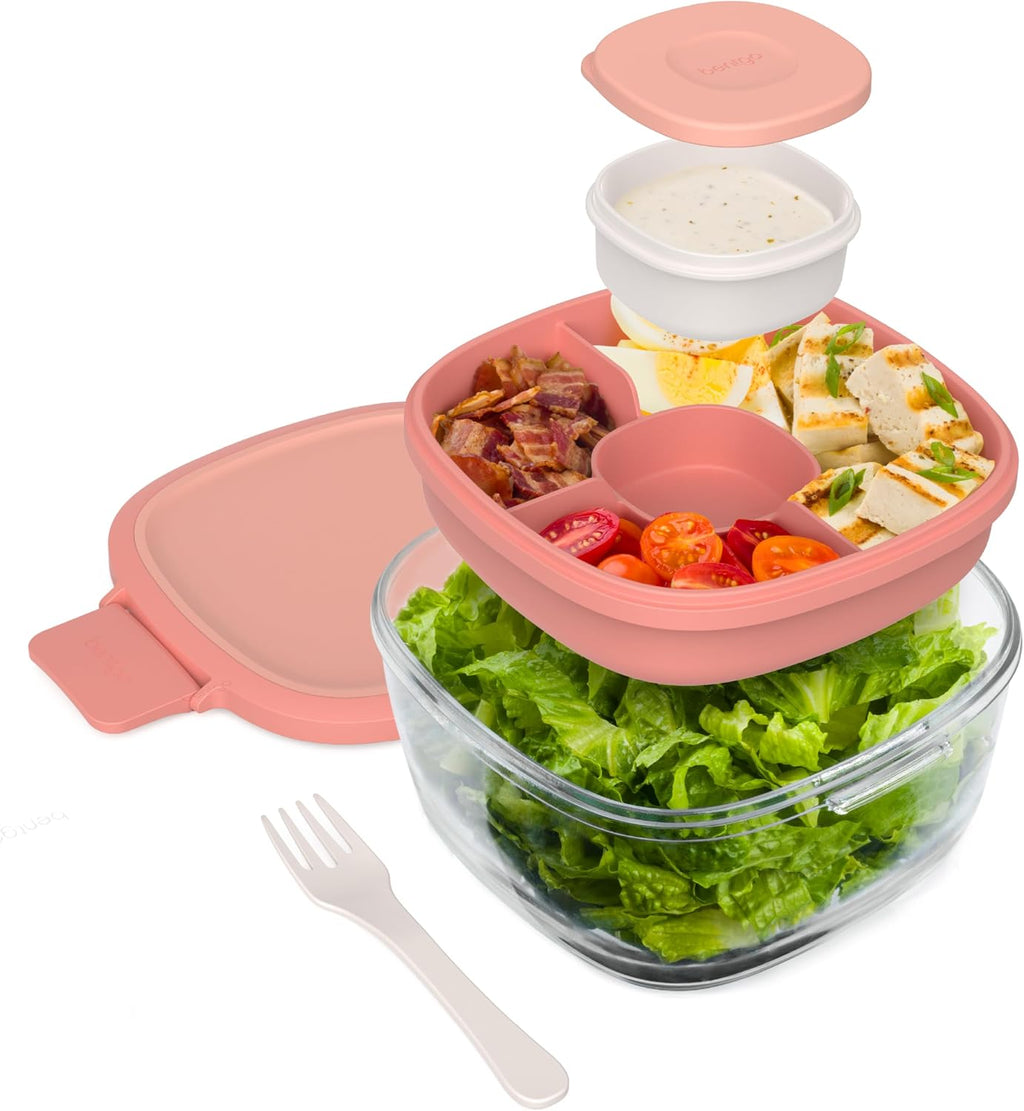 Bentgo Glass All-in-One Salad Container - Large 61-oz Salad Bowl with Lid  4-Compartment Bento-Style Tray  3-oz Sauce Container  and Reusable Fork - Dishwasher  Microwave  and Oven Safe (Coral)