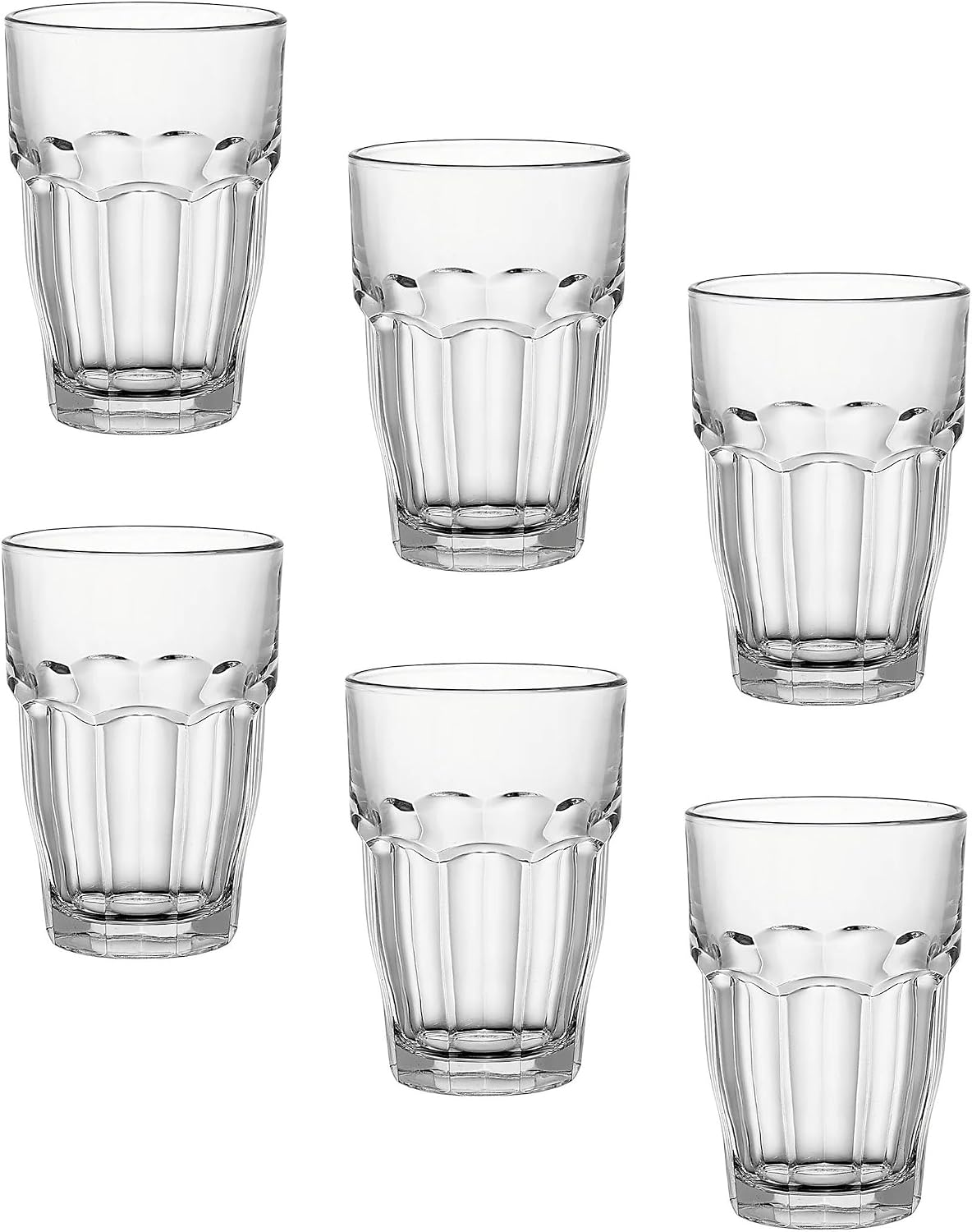 Bormioli Rocco Rock Bar Stackable Beverage  Set Of 6 Dishwasher Safe Drinking Glasses For Soda  Juice  Milk  Coke  Beer  Spirits – 12.5oz Durable Tempered Glass Water Tumblers For Daily Use