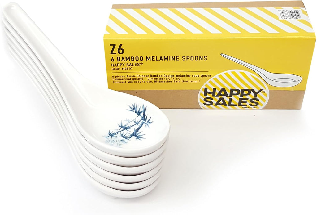 Happy Sales Melamine Soba  Rice Spoons  Asian Chinese Won Ton Soup Spoon  6 Pack Blue Bamboo Design