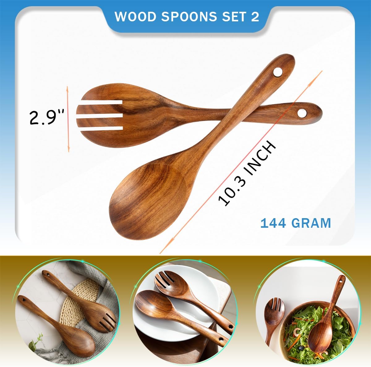 Teak Wooden Salad Spoon and Fork10.2-Inch  Wooden Salad Spoons and Sporks Set with Ergonomic Handle  Teak Wood Serving Spoons for Cooking (1 Spoon + 1 Fork)