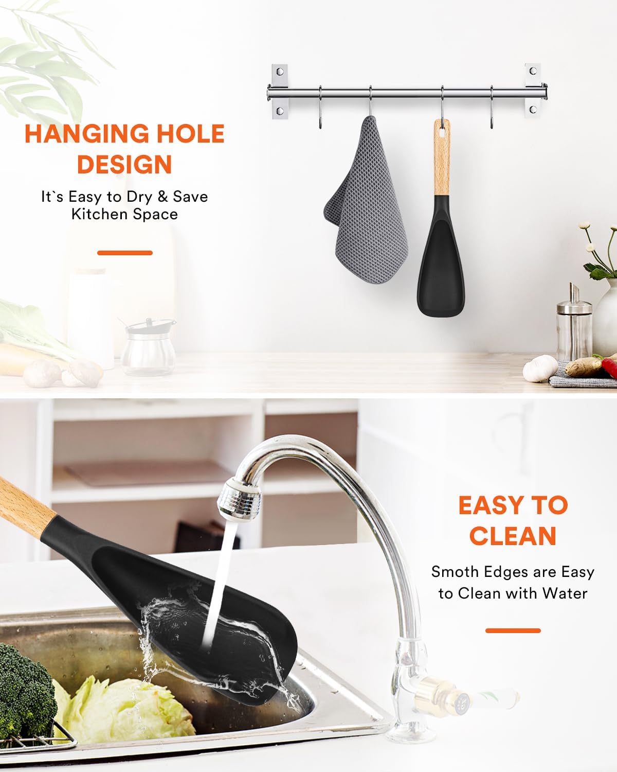 Cooking Spoon for Nonstick Cookwares  Great for Cooking and Serving Sturdy BPA-Free Matte Silicone  Wood Handle Spoon for Mixing  Scoop  and Scrape (BLACK  11.4 inch)