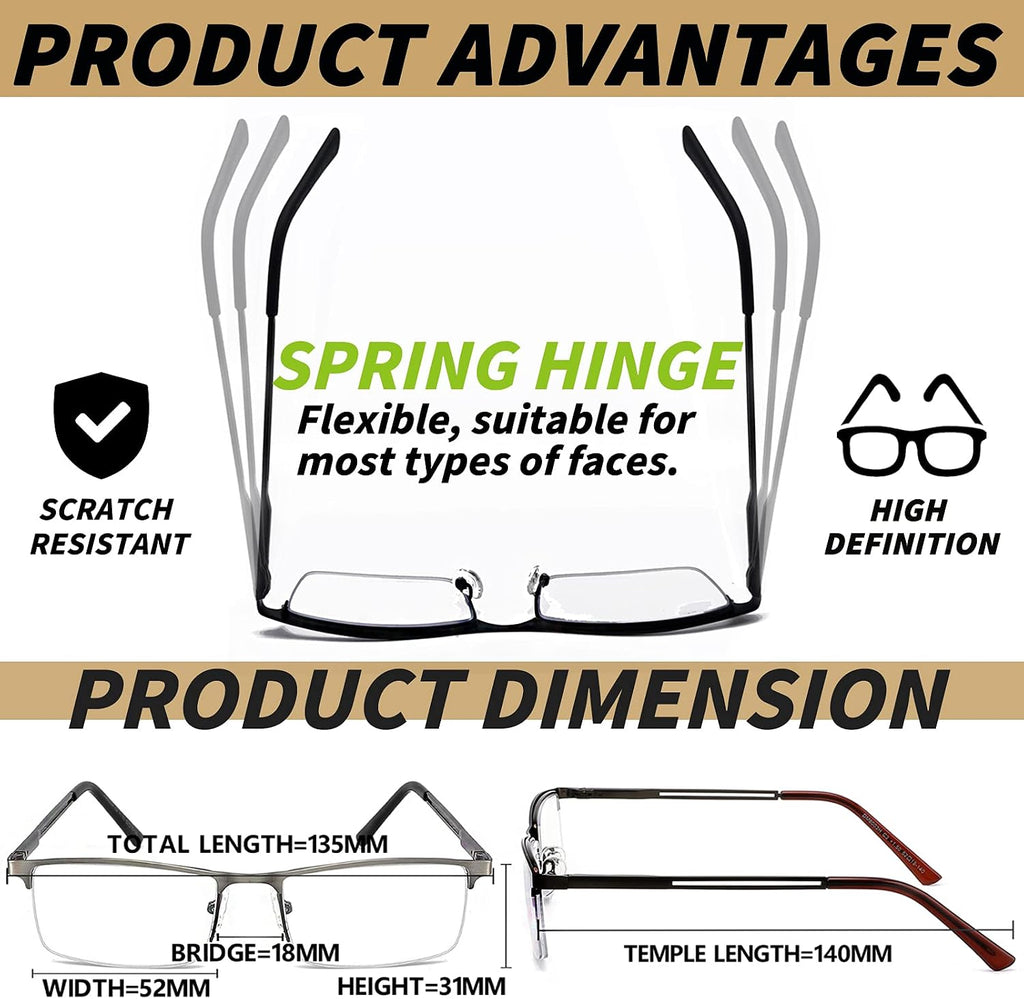 JJWELL 3 Pack Blue Light Reading Glasses for Men  Lightweight Metal Rectangle Semi Rimless Readers for Men  Anti Eyestrain/Computer Glare/UV  Half Frame Spring Hinge Eyeglasses with Pouches