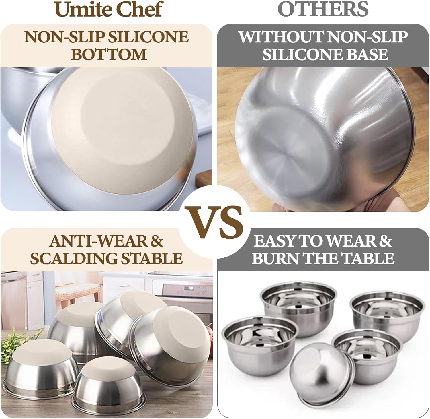 Umite Chef Mixing Bowls with Airtight Lids Set  8PCS Stainless Steel Khaki Nesting Bowls with Grater Attachments  Kitchen Bowls with Non-Slip Bottoms  Size 5  4  3.5  2  1.5QT for Mixing & Serving