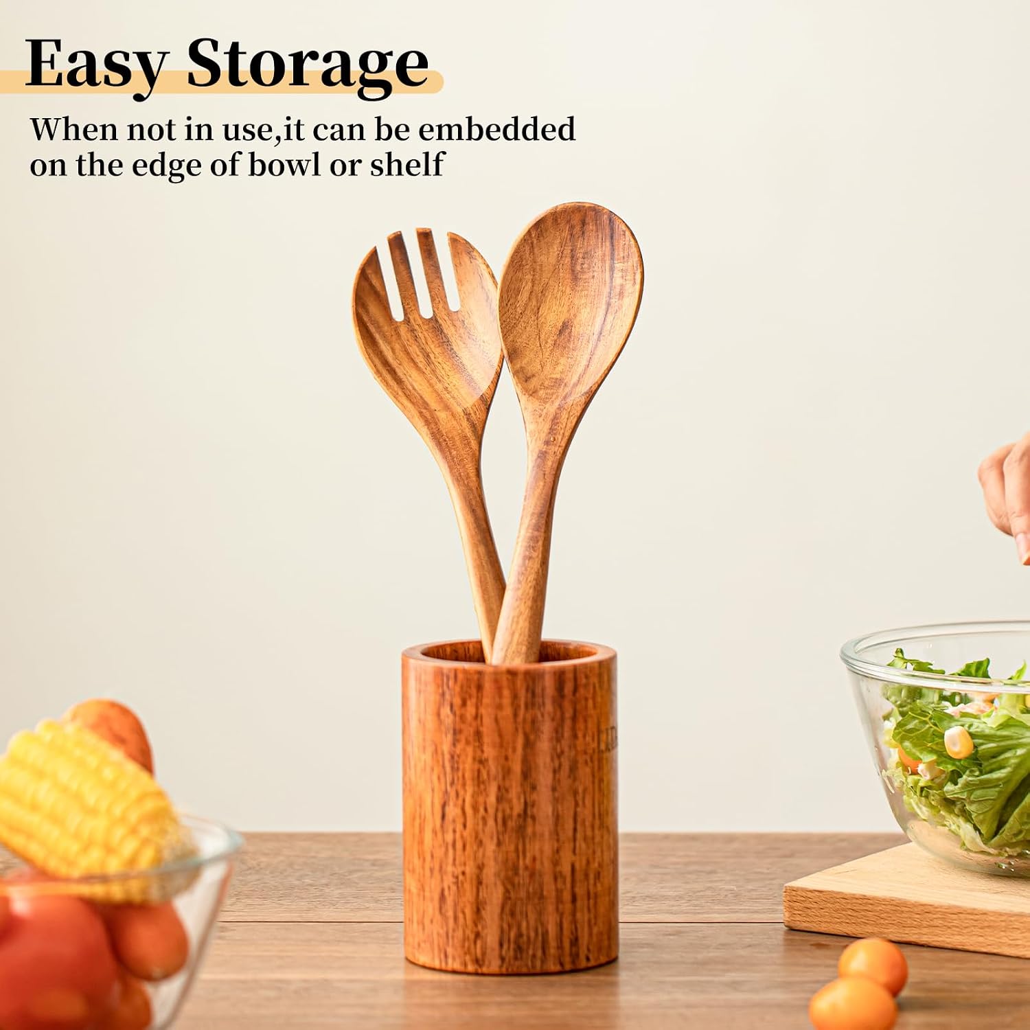 Gudamaye Acacia Wooden Salad Server Set 13 inch Salad Tongs for Serving including Salad Mixing Dinner Fork and Spoon Long Handle Salad Server Set