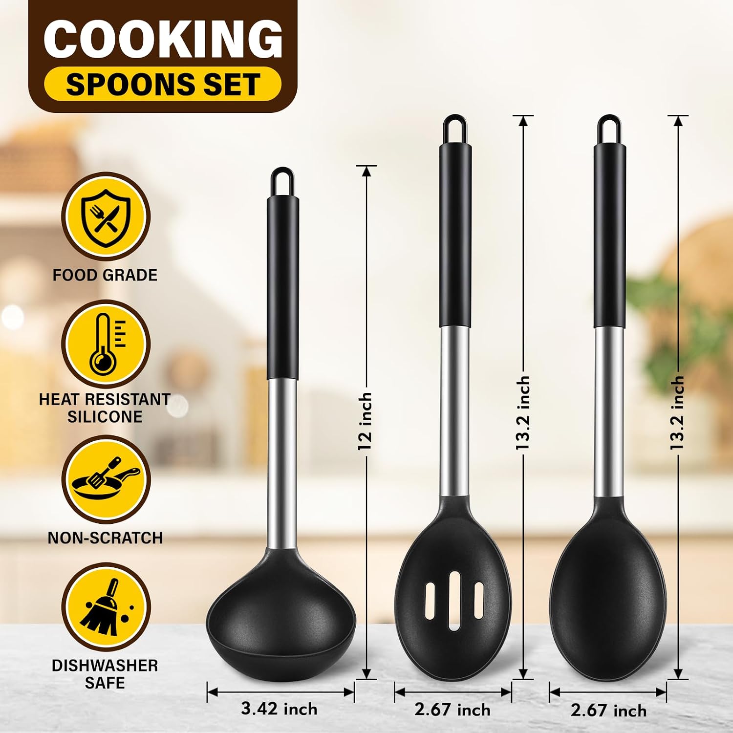 3 Pcs Silicone Cooking Spoon Set  Kitchen Utensils Include Solid & Slotted Spoon  Soup Ladle  Food-Grade Heat Resistant  Non-Scratch Spoons for Serving  Stirring  Draining  Dishwasher Safe  Black